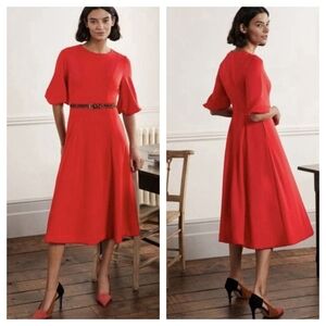 Boden Fit & Flare Midi Dress With Puff Sleeves Size Red Size 10